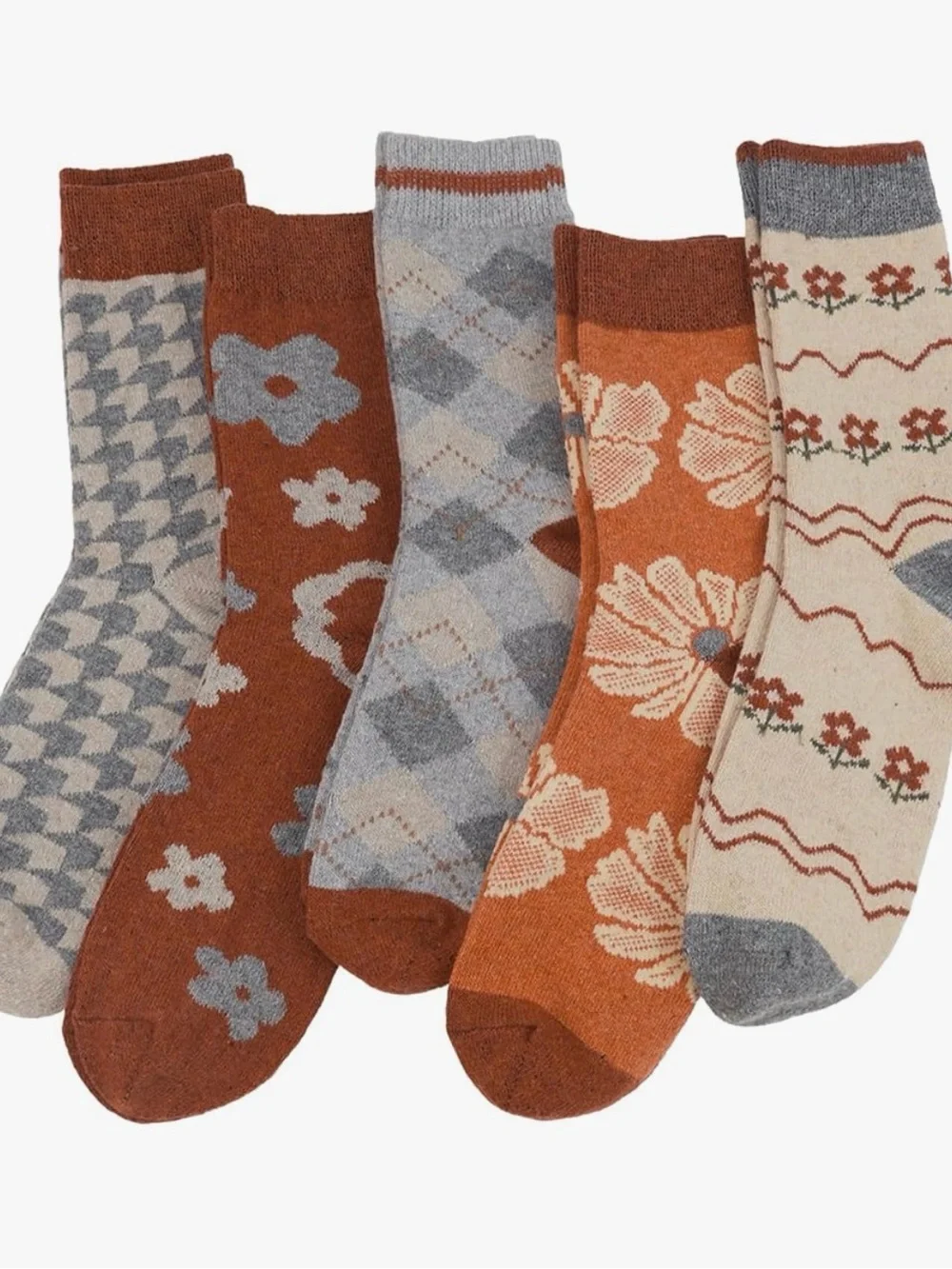 NEW Cozy Fall Rust & Cream Patterned Crew Socks – 5-Pairs